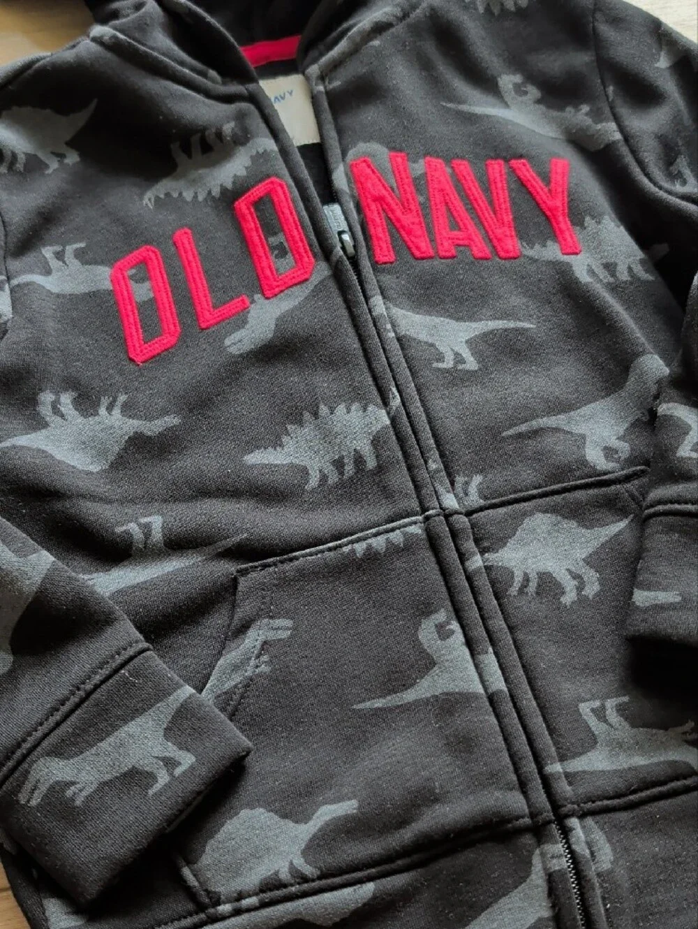 Old Navy Black Hoodie with Gray Dino Print and Red Logo